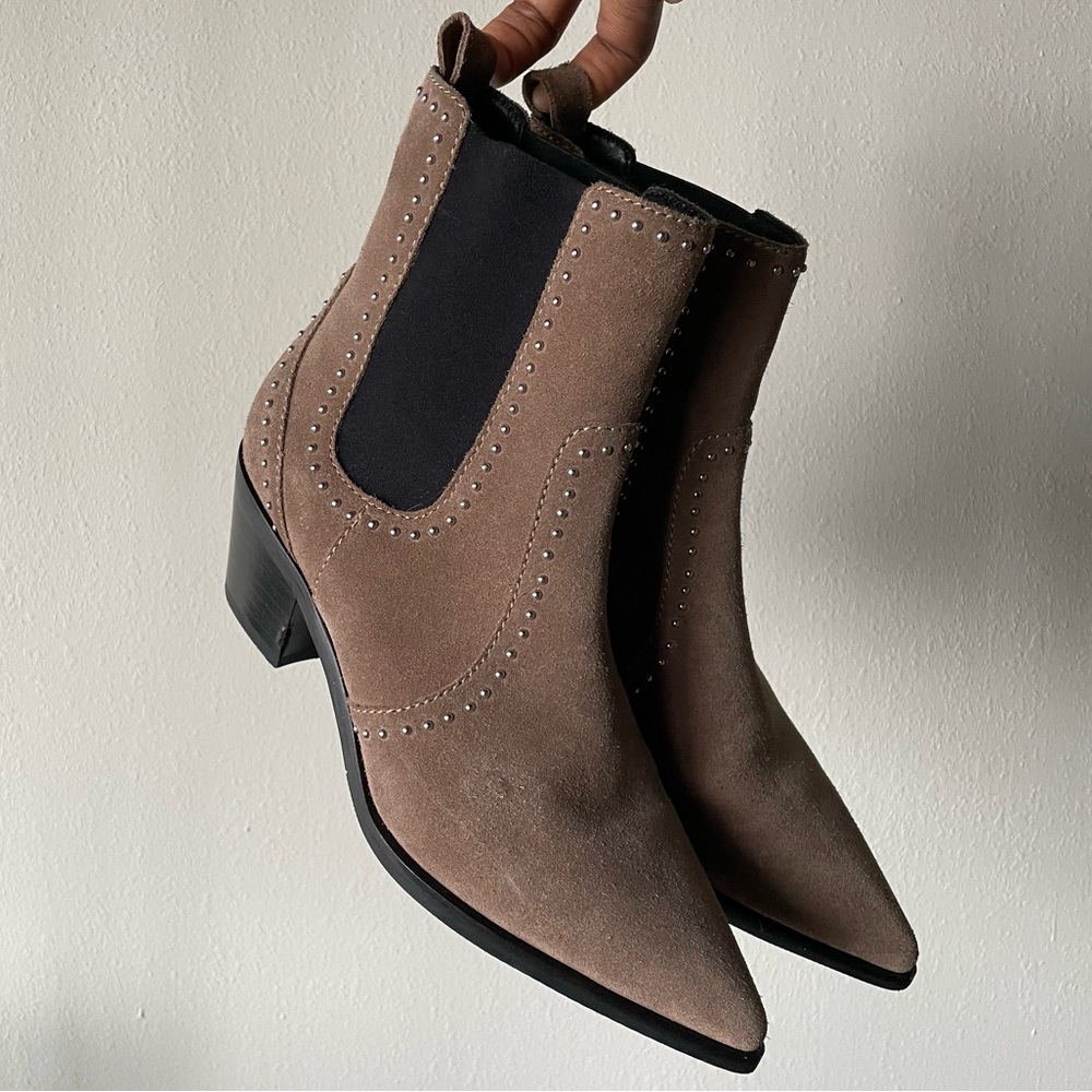PAIGE Willa Studded Chelsea Western Moto Cowboy Suede Boot Women’s taupe- 8.5